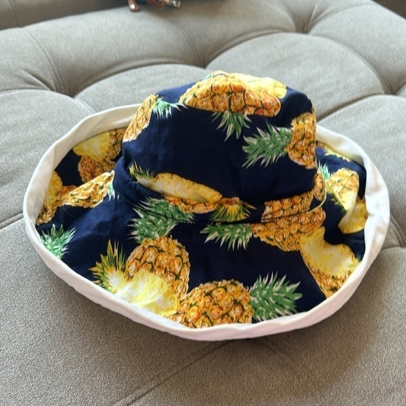PANAMA JACK Sun Hat Bucket REVERSIBLE Pineapple Print WHITE Drawstring Cotton main image 6
